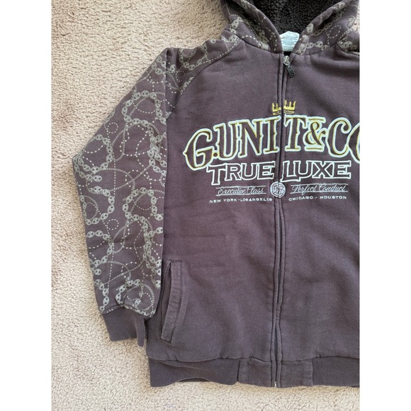 GUNIT&CO TRUE LUXE Hoodie Mens XL‎ Brown Sherpa Lined Chain Print Full Zip Y2K - Picture 3 of 7